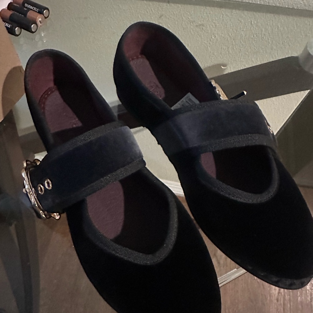 Nordstrom Black Velvet Mary Jane Flats with Gold Accent